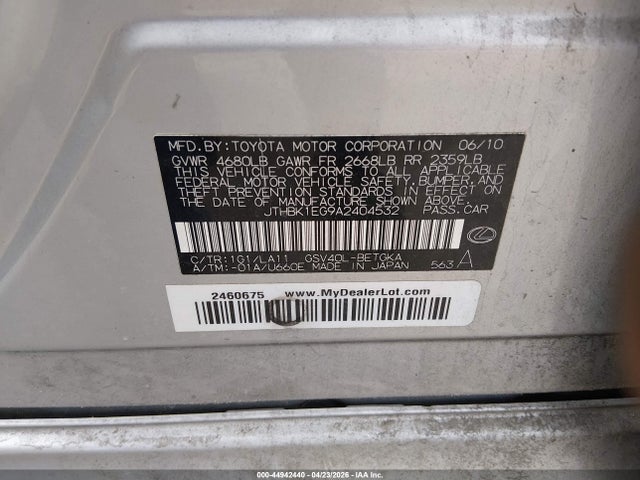 44942440 :رقم المزاد ، JTHBK1EG9A2404532 vin ، 2010 Lexus Es 350 مزاد بيع