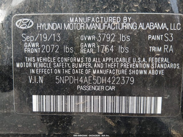 Aukcja sprzedaży 2013 Hyundai Elantra Gls, vin: 5NPDH4AE5DH422379, numer aukcji: 44942444