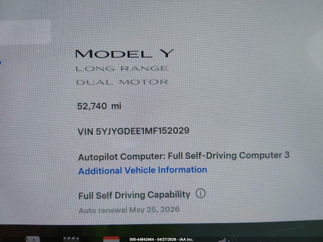 Продажа на аукционе авто 2021 Tesla Model Y Long Range Dual Motor All-wheel Drive, vin: 5YJYGDEE1MF152029, номер лота: 44942464