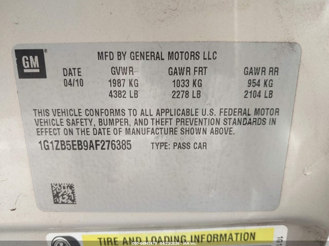 Продажа на аукционе авто 2010 Chevrolet Malibu Ls, vin: 1G1ZB5EB9AF276385, номер лота: 44942479