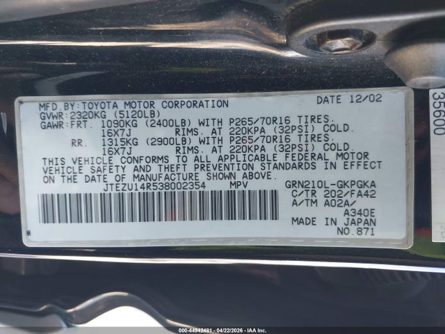 44942481 :رقم المزاد ، JTEZU14R538002354 vin ، 2003 Toyota 4runner Sr5 V6 مزاد بيع