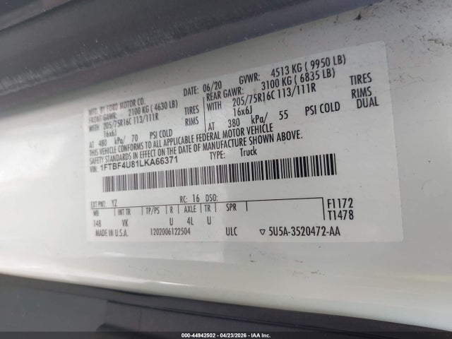 44942502 :رقم المزاد ، 1FTBF4U81LKA66371 vin ، 2020 Ford Transit-350 Cargo Van مزاد بيع