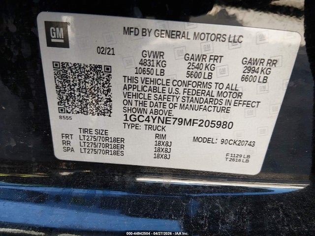 Aukcja sprzedaży 2021 Chevrolet Silverado 2500hd 4wd  Standard Bed Lt, vin: 1GC4YNE79MF205980, numer aukcji: 44942504