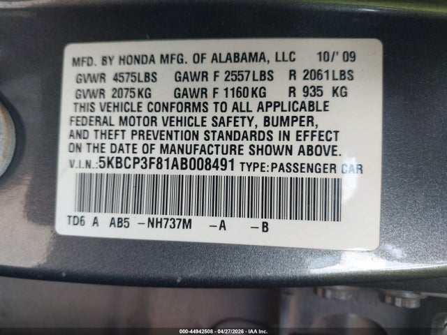 Aukcja sprzedaży 2010 Honda Accord 3.5 Ex-l, vin: 5KBCP3F81AB008491, numer aukcji: 44942508
