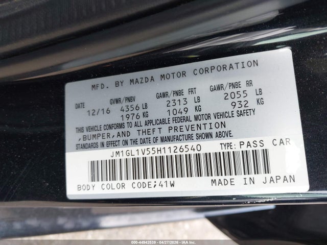 Aukcja sprzedaży 2017 Mazda Mazda6 Touring, vin: JM1GL1V55H1126540, numer aukcji: 44942539