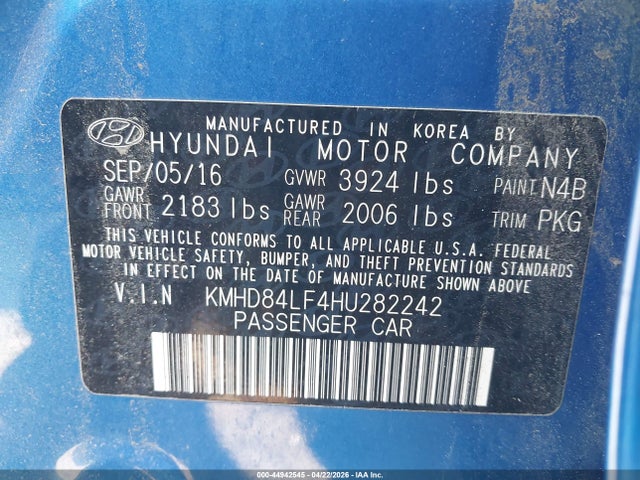 Продажа на аукционе авто 2017 Hyundai Elantra Se, vin: KMHD84LF4HU282242, номер лота: 44942545