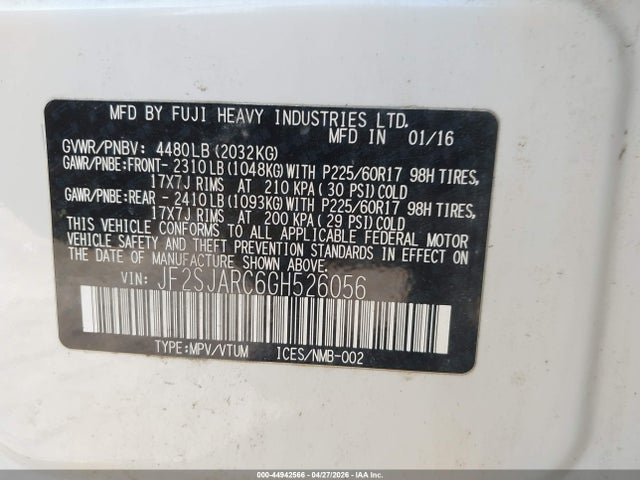 Продаж на аукціоні авто 2016 Subaru Forester 2.5i Limited, vin: JF2SJARC6GH526056, номер лоту: 44942566