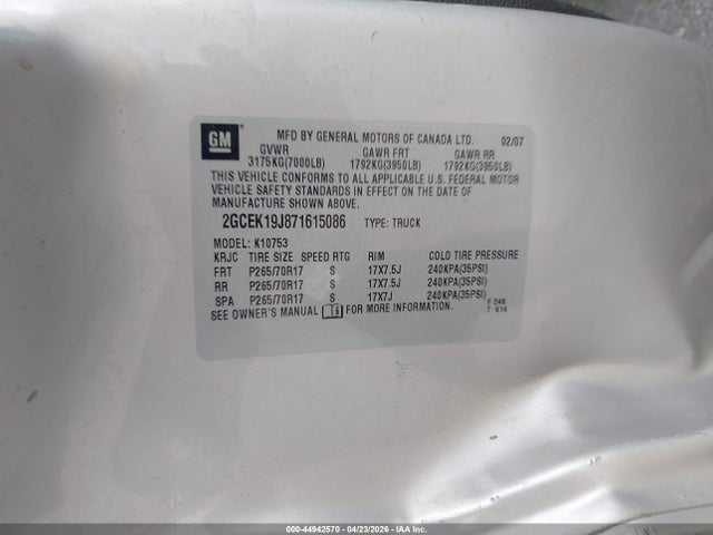 44942570 :رقم المزاد ، 2GCEK19J871615086 vin ، 2007 Chevrolet Silverado 1500 Lt1 مزاد بيع