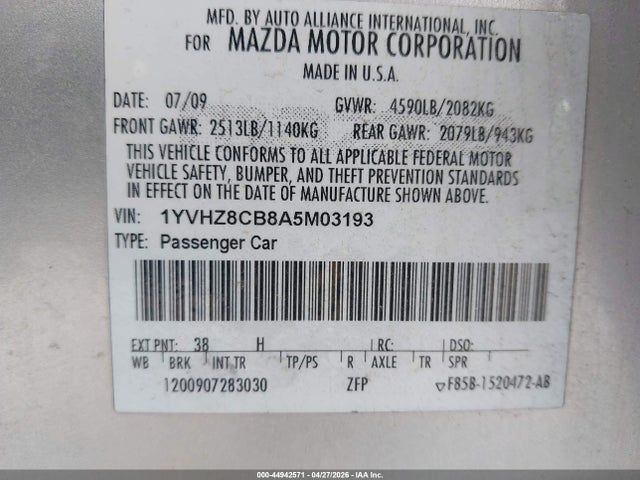 Aukcja sprzedaży 2010 Mazda Mazda6 S Touring Plus, vin: 1YVHZ8CB8A5M03193, numer aukcji: 44942571