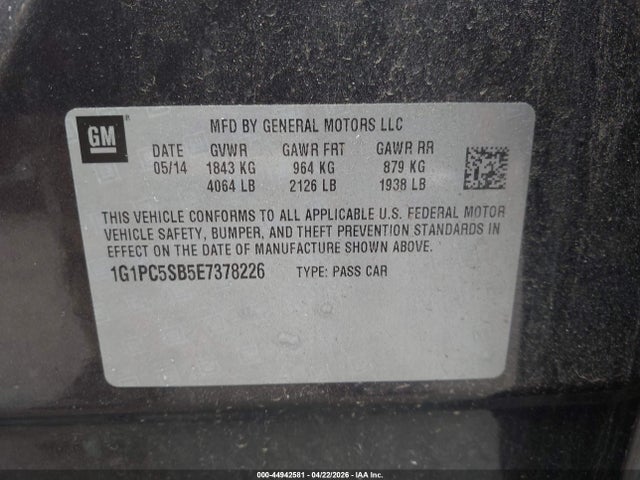 2014 Chevrolet Cruze 1lt Auto მანქანა იყიდება აუქციონზე, vin: 1G1PC5SB5E7378226, აუქციონის ნომერი: 44942581