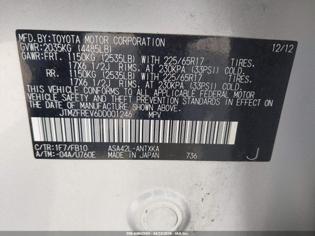 Aukcja sprzedaży 2013 Toyota Rav4 Le, vin: JTMZFREV6DD001246, numer aukcji: 44942585