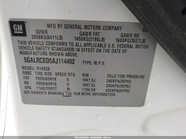 44942590 :رقم المزاد ، 5GALRCED5AJ114492 vin ، 2010 Buick Enclave 2xl مزاد بيع