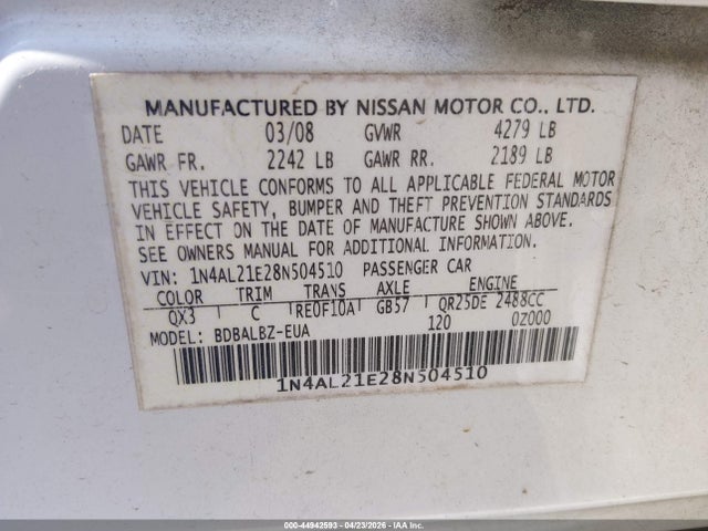 Aukcja sprzedaży 2008 Nissan Altima 2.5 S, vin: 1N4AL21E28N504510, numer aukcji: 44942593