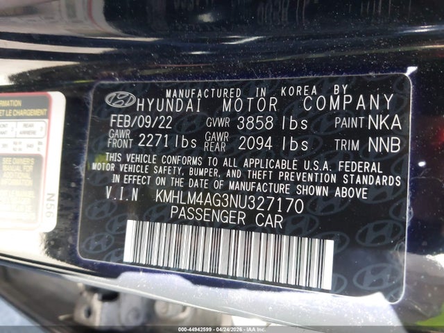 2022 Hyundai Elantra Sel მანქანა იყიდება აუქციონზე, vin: KMHLM4AG3NU327170, აუქციონის ნომერი: 44942599
