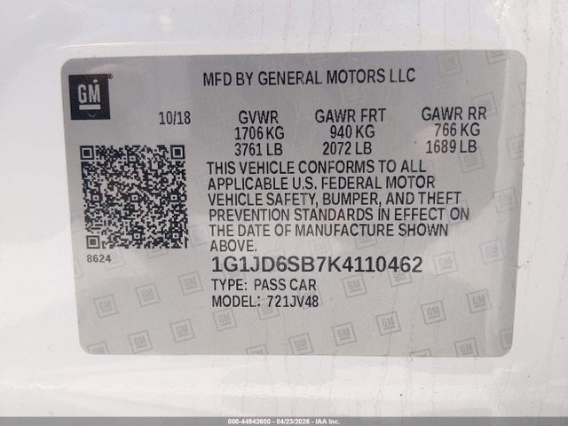 Auction sale of the 2019 Chevrolet Sonic Lt Auto, vin: 1G1JD6SB7K4110462, lot number: 44942600