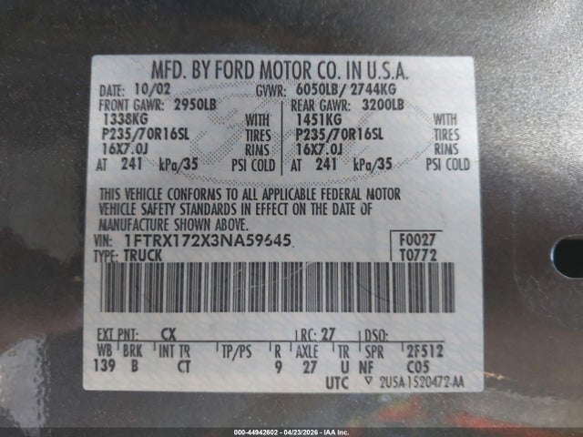 Продаж на аукціоні авто 2003 Ford F-150 Xl/xlt, vin: 1FTRX172X3NA59645, номер лоту: 44942602