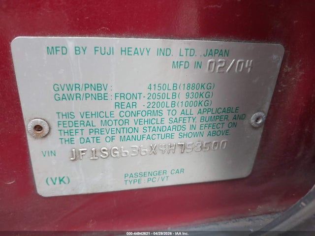 Aukcja sprzedaży 2004 Subaru Forester 2.5x, vin: JF1SG636X4H758500, numer aukcji: 44942621