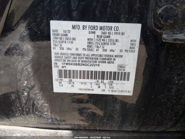 Продаж на аукціоні авто 2022 Ford Explorer, vin: 1FMSK8BB2NGC22310, номер лоту: 44942624