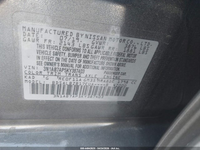 44942625 :رقم المزاد ، 3N1AB7AP5KY387403 vin ، 2019 Nissan Sentra S مزاد بيع
