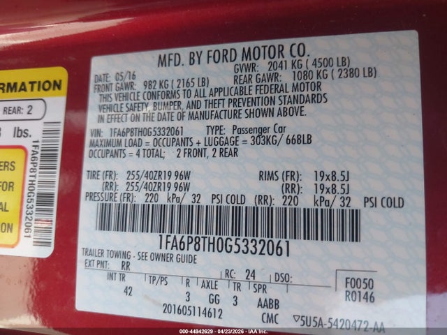 Aukcja sprzedaży 2016 Ford Mustang Ecoboost, vin: 1FA6P8TH0G5332061, numer aukcji: 44942629