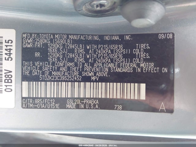44942640 :رقم المزاد ، 5TDZK23C39S252452 vin ، 2009 Toyota Sienna Le مزاد بيع