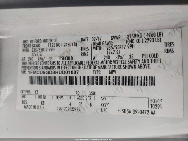 1FMCU9GD8HUD01887 Ford ESCAPE SE