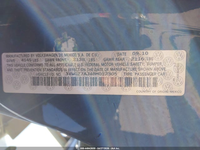 44942659 :رقم المزاد ، 3VWGZ7AJ4BM017305 vin ، 2011 Volkswagen Jetta 2.5l Sel مزاد بيع