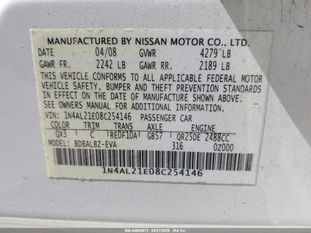 Aukcja sprzedaży 2008 Nissan Altima 2.5 S, vin: 1N4AL21E08C254146, numer aukcji: 44942672
