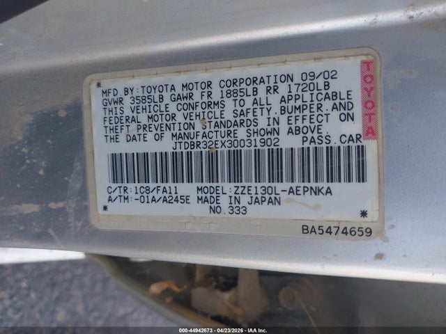 Aukcja sprzedaży 2003 Toyota Corolla Le, vin: JTDBR32EX30031902, numer aukcji: 44942673