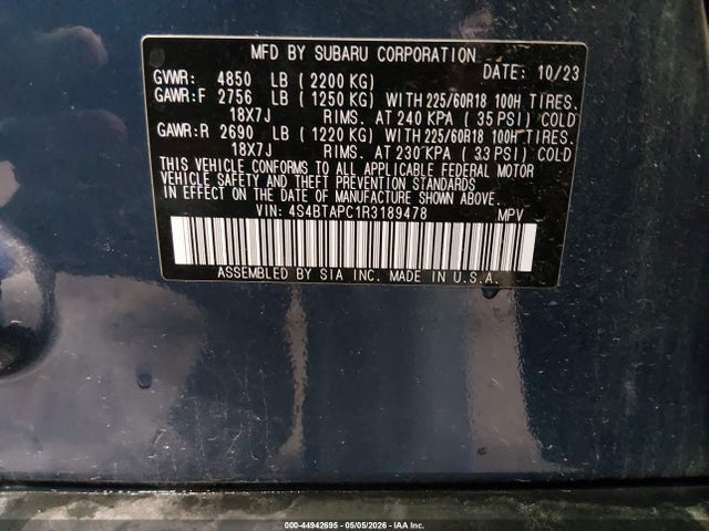 Aukcja sprzedaży 2024 Subaru Outback Touring, vin: 4S4BTAPC1R3189478, numer aukcji: 44942695