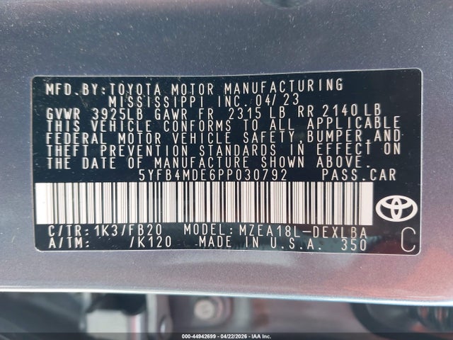 Aukcja sprzedaży 2023 Toyota Corolla Le, vin: 5YFB4MDE6PP030792, numer aukcji: 44942699