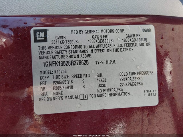 Aukcja sprzedaży 2008 Chevrolet Tahoe Hybrid, vin: 1GNFK13528R278625, numer aukcji: 44942701