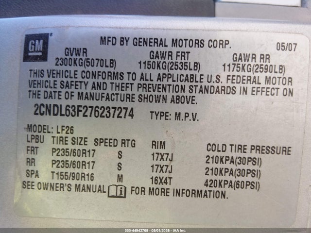 44942708 :رقم المزاد ، 2CNDL63F276237274 vin ، 2007 Chevrolet Equinox Lt مزاد بيع
