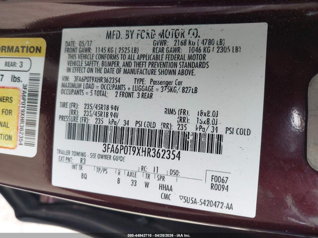 Aukcja sprzedaży 2017 Ford Fusion Se, vin: 3FA6P0T9XHR362354, numer aukcji: 44942710