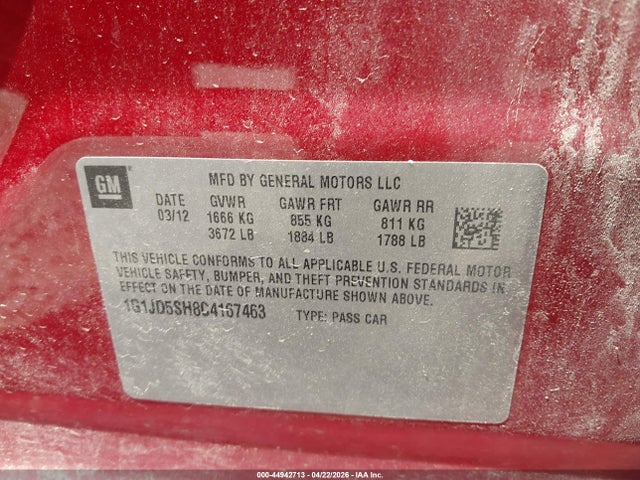 Aukcja sprzedaży 2012 Chevrolet Sonic 1lt, vin: 1G1JD5SH8C4167463, numer aukcji: 44942713