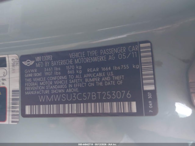 Продаж на аукціоні авто 2011 Mini Cooper, vin: WMWSU3C57BT253076, номер лоту: 44942719