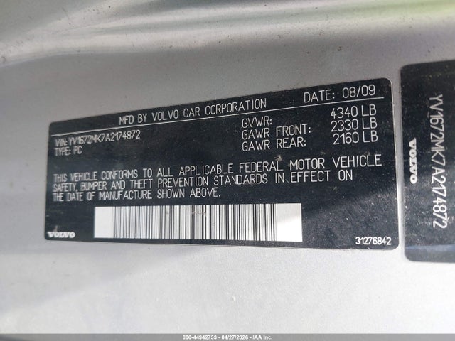 44942733 :رقم المزاد ، YV1672MK7A2174872 vin ، 2010 Volvo C30 T5/t5 R-design مزاد بيع