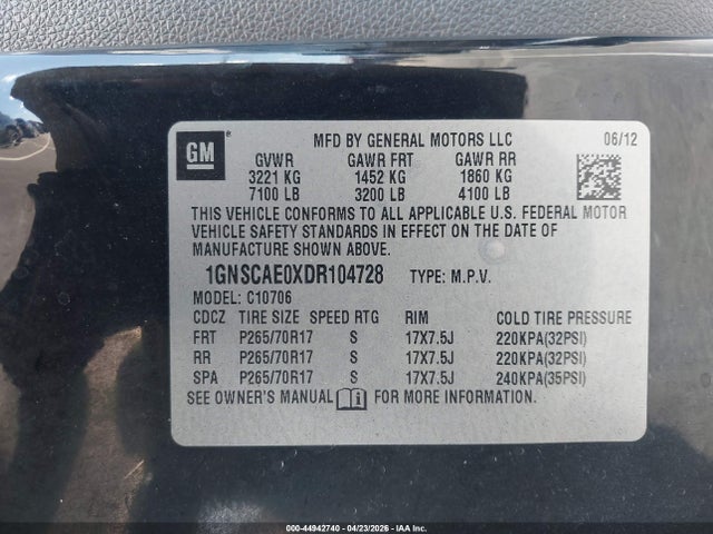 44942740 :رقم المزاد ، 1GNSCAE0XDR104728 vin ، 2013 Chevrolet Tahoe Ls مزاد بيع