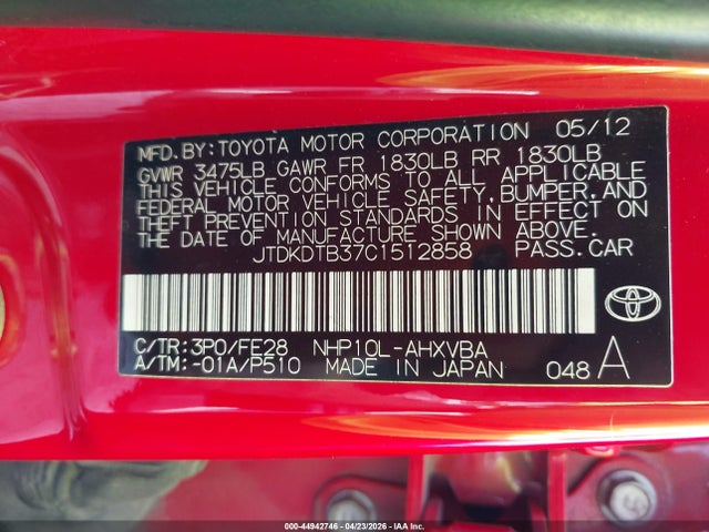 Aukcja sprzedaży 2012 Toyota Prius C One, vin: JTDKDTB37C1512858, numer aukcji: 44942746