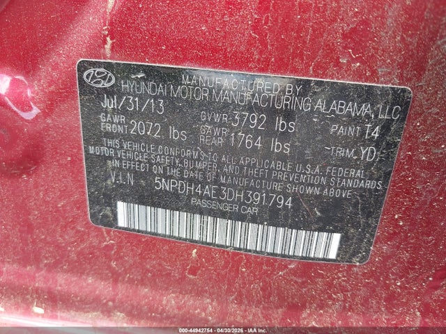 Продажа на аукционе авто 2013 Hyundai Elantra Gls, vin: 5NPDH4AE3DH391794, номер лота: 44942754