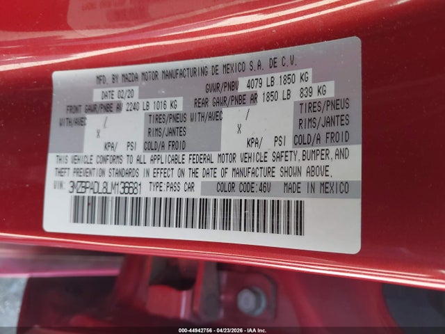 44942756 :رقم المزاد ، 3MZBPADL8LM136681 vin ، 2020 Mazda Mazda3 Preferred Package مزاد بيع