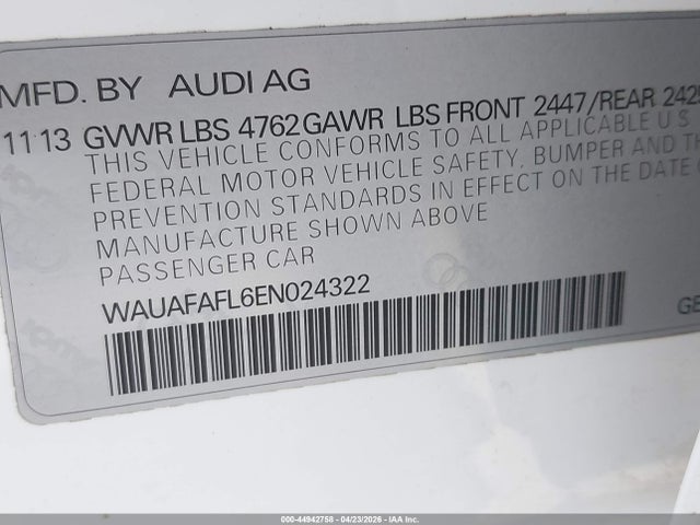 Продаж на аукціоні авто 2014 Audi A4 2.0t Premium, vin: WAUAFAFL6EN024322, номер лоту: 44942758