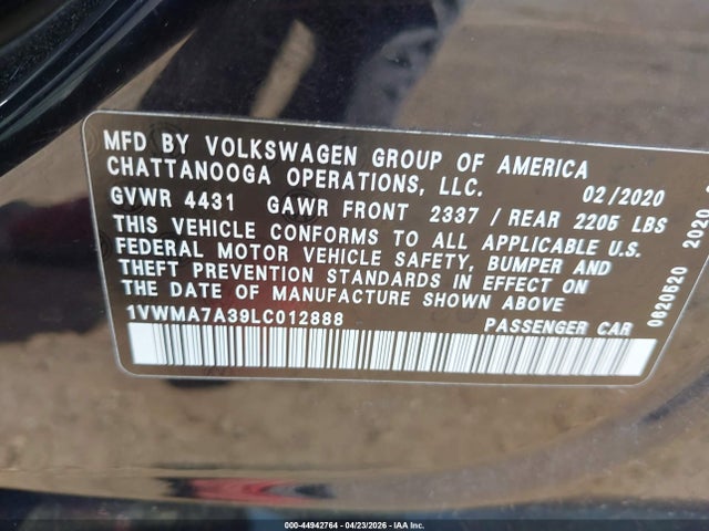 44942764 :رقم المزاد ، 1VWMA7A39LC012888 vin ، 2020 Volkswagen Passat 2.0t R-line مزاد بيع