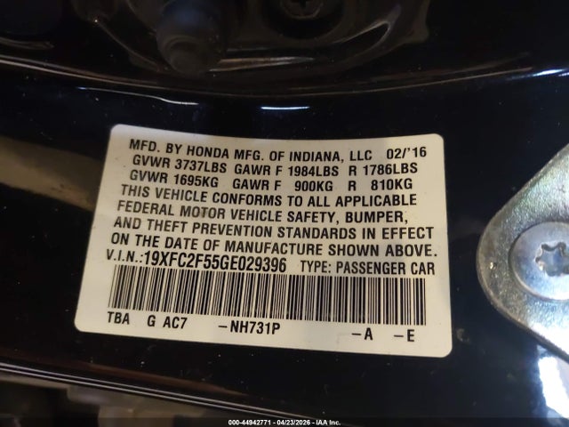 2016 Honda Civic Lx მანქანა იყიდება აუქციონზე, vin: 19XFC2F55GE029396, აუქციონის ნომერი: 44942771