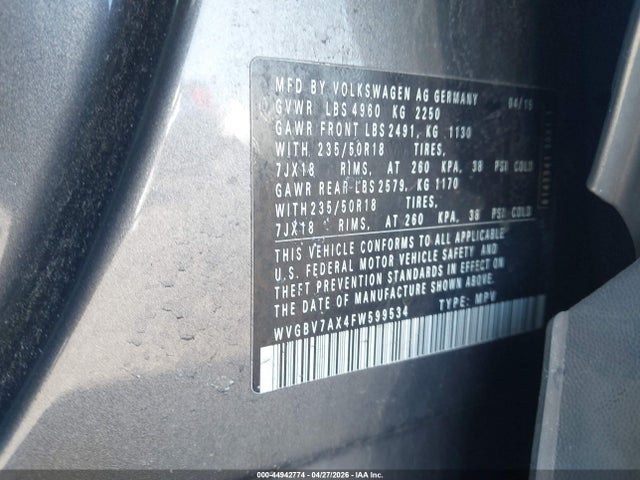 Продаж на аукціоні авто 2015 Volkswagen Tiguan Se, vin: WVGBV7AX4FW599534, номер лоту: 44942774