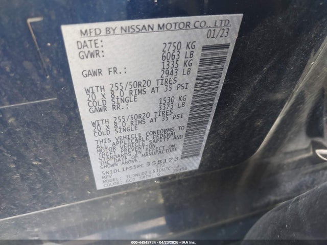 44942784 :رقم المزاد ، 5N1DL1FS5PC358173 vin ، 2023 Infiniti Qx60 Luxe Awd مزاد بيع