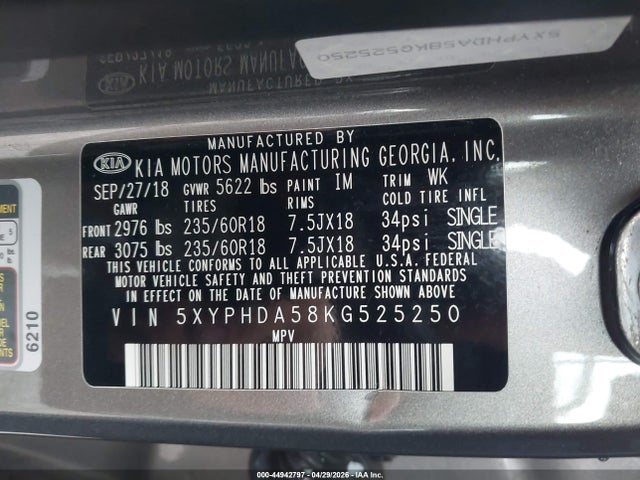 44942797 :رقم المزاد ، 5XYPHDA58KG525250 vin ، 2019 Kia Sorento 3.3l Ex مزاد بيع