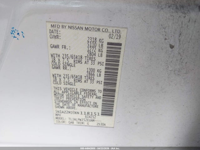 Aukcja sprzedaży 2019 Nissan Murano S, vin: 5N1AZ2MJ3KN118151, numer aukcji: 44942805