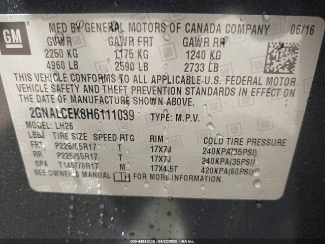 44942806 :رقم المزاد ، 2GNALCEK8H6111039 vin ، 2017 Chevrolet Equinox Lt مزاد بيع