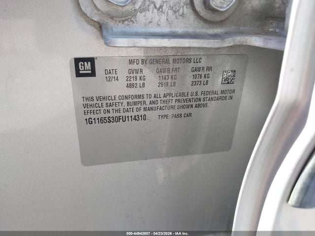 Aukcja sprzedaży 2015 Chevrolet Impala 2lz, vin: 1G1165S30FU114310, numer aukcji: 44942807